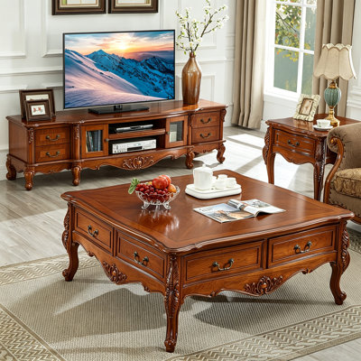 47.24" Brown Solid Wood Square Carved Coffee Table, Multi-Drawer Storage for Living Room