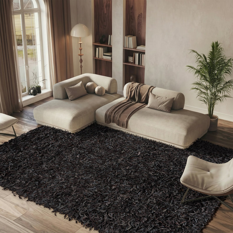 Tapis en cuir de couleur unie à poils longs tissé à la main, Rectangle 8 pi x 10 pi