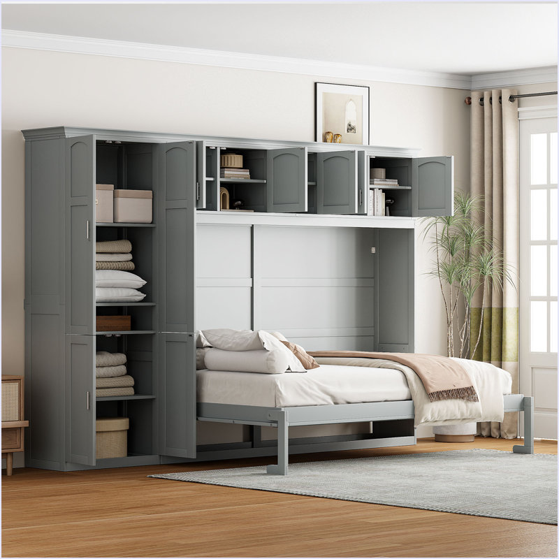 Grand lit escamotable mural avec armoires, Gris