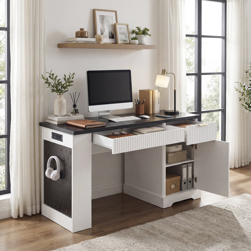 Bureaux modernes en MDF avec rangement et prise de courant, 55 po, blanc
