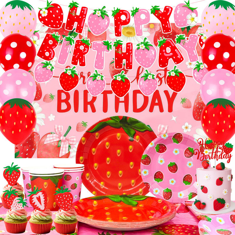 Vaisselle Strawberry Birthday, ensemble de vaisselle 93 pièces Strawberry Party