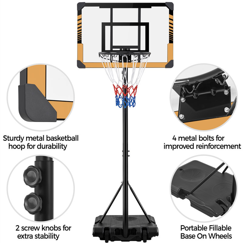 Yaheetech Height Adjustable Portable Metal Full-Size Basketball Hoop, 101" H x 32" W x 30" D