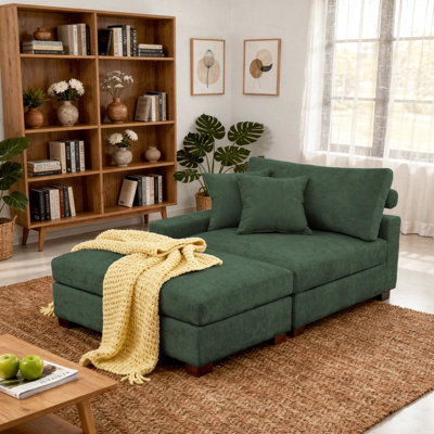 Upholstered Green Chenille Modular Chaise Lounge with Armrests & Throw Pillows