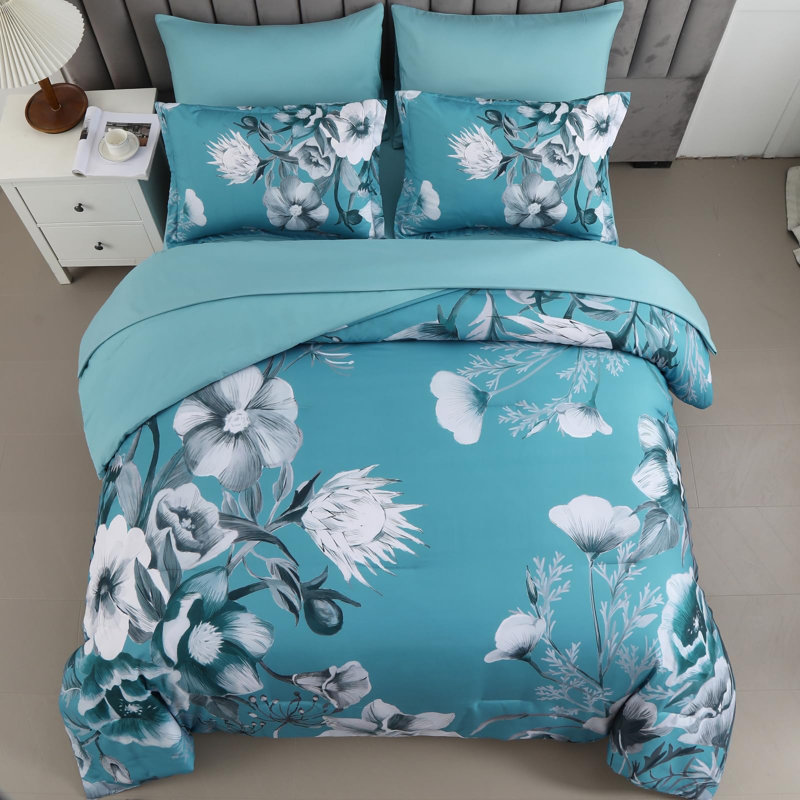 Ensemble de literie 7 pièces avec ensemble de literie toutes saisons en microfibre de coton doux Seersucker, Sarcelle