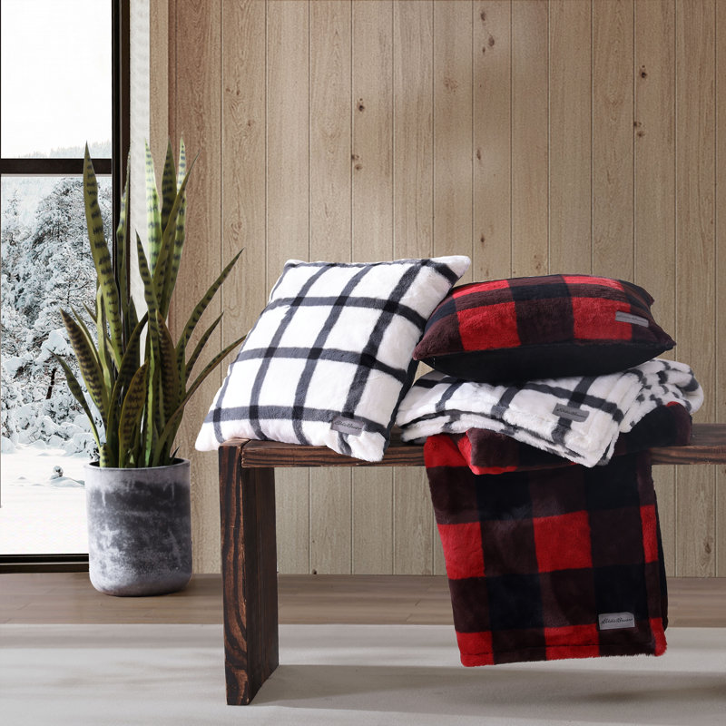 Blue and Black Plaid Reversible Fleece Pillow and Throw Set
