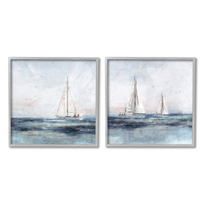 Blue Sailing Ocean Scene 2 Piece Set Gray Framed Giclee Texturized Wall Art by Nina Blue