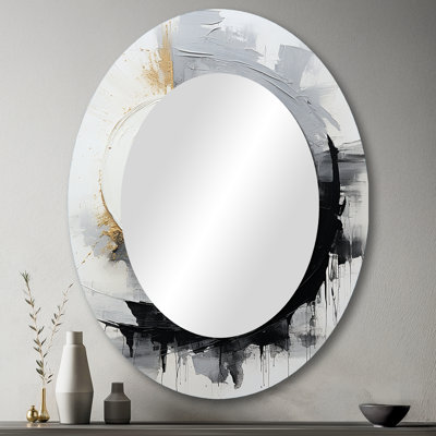 Noir et blanc Zen Spiral II - Miroir décoratif ovale abstrait sur métal