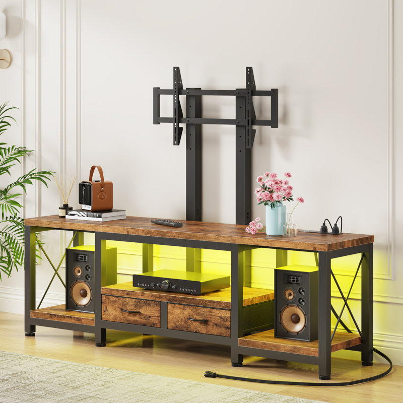 Tv Stand with Adjustable Mount for 32-70 Inch TVs, Media Console with Power Outlets, Fabric Drawers & LED Lights