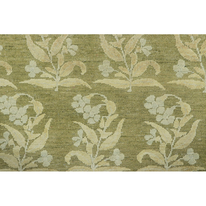 Rug & Kilim’S Block Print Custom Rug Design In Green With Cream Floral Patterns, Rectangle 12' x 18'