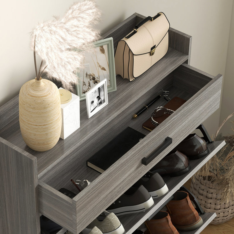 Armoire à chaussures compacte avec compartiments cachés et pieds réglables, armoire grise, pouvant accueillir jusqu'à 12 paires, aspect vieilli