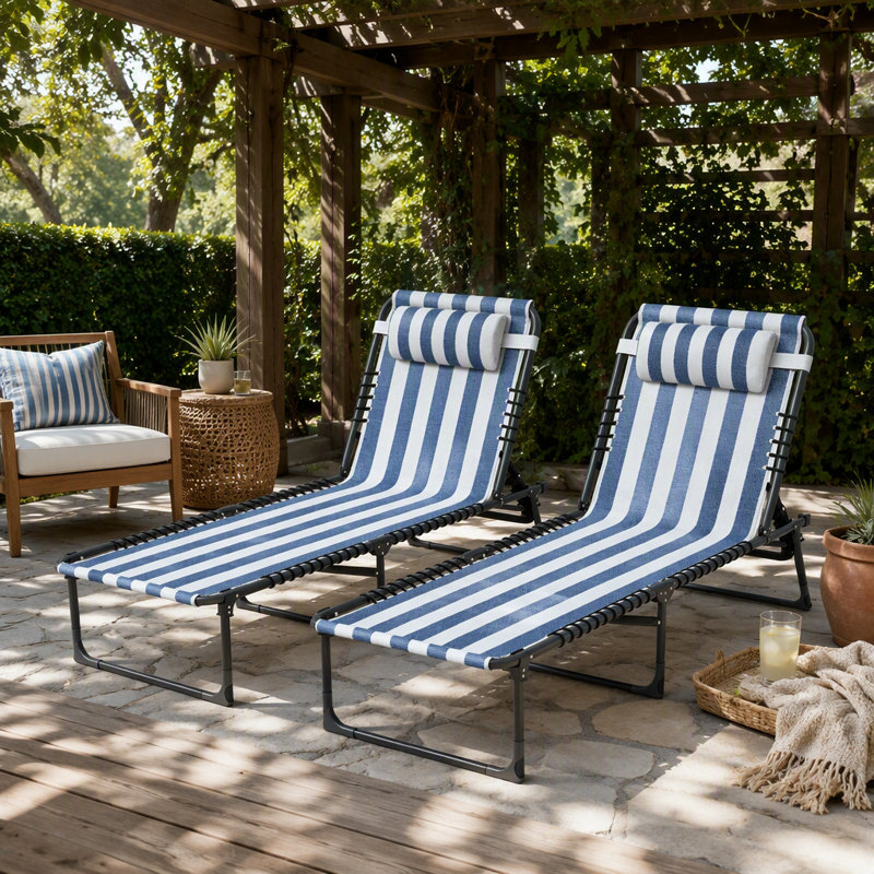 Chaise longue d'extérieur pliante 2 pièces, Blanc / bleu / noir