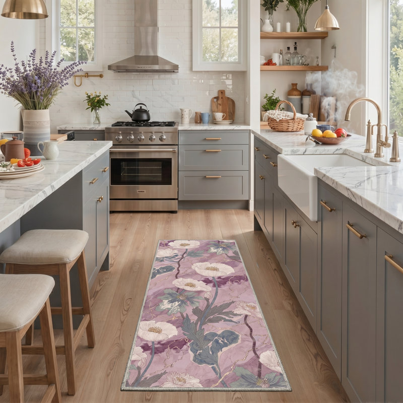Asteria Boho Machine Washable White / Purple Indoor Area Rug with Non-Slip Backing, Runner 2' x 7'