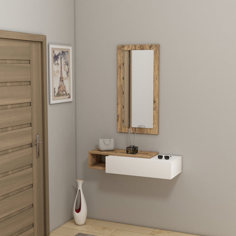 Console Table and Mirror Set 82cm Houts, White, Atlantic Pine