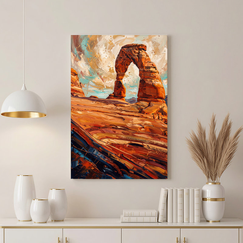 Art mural sur toile Red Rock Arch in Orange and Blue Brushstroke, 18"H x 12"W