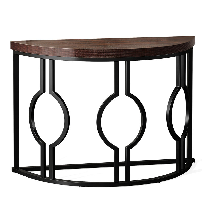 Half Moon Console Table For Entryway, Wood Accent Table With Metal Base For Living Room, Hallway