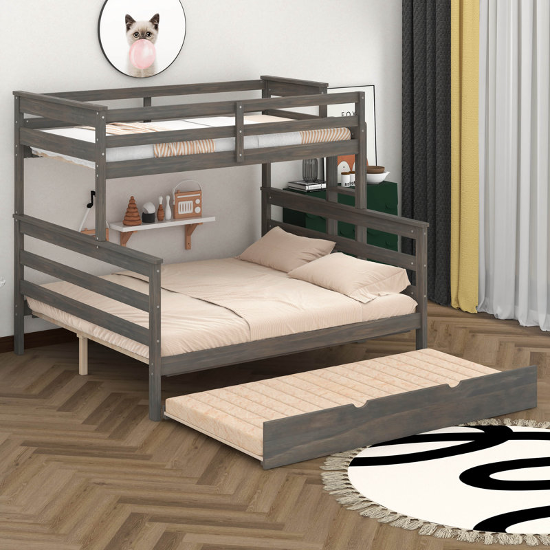 Twin XL Over Queen Bunk Bed Wood Detachable Bunk Bed With Trundle & Ladder, Multi-Function Bunk Bed, Gray
