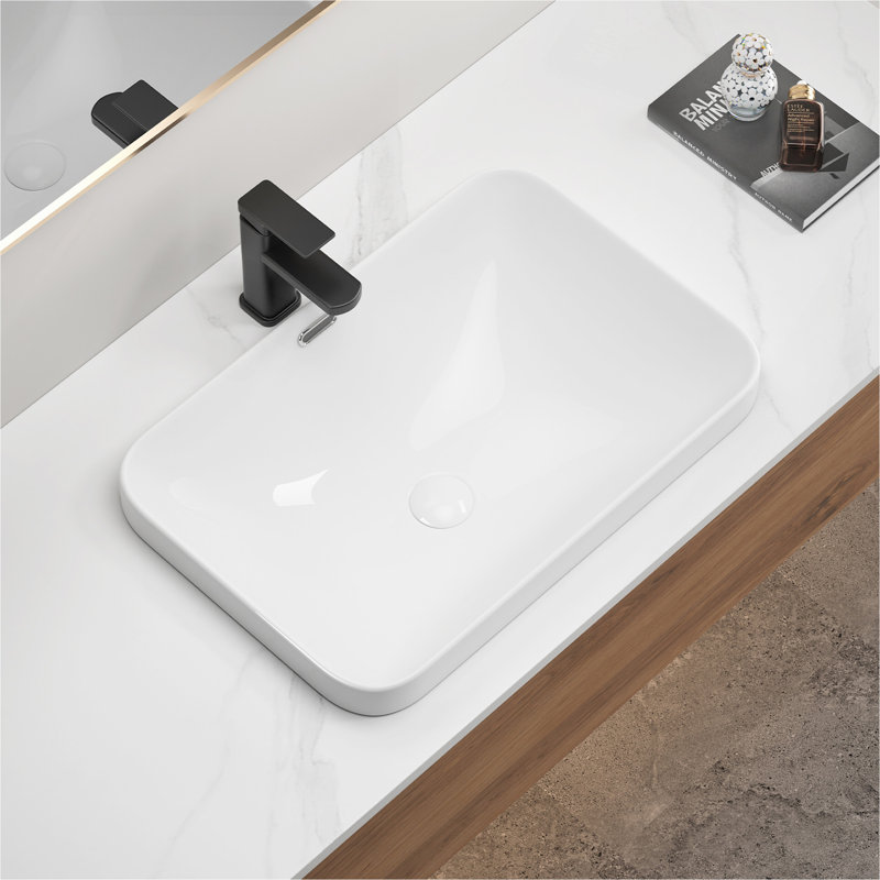 Lavabo de salle de bain encastré en céramique 22,05 po x 15,36 po x 6,7 po - vasque en porcelaine blanche, conception sans couture pour comptoir de meuble-lavabo