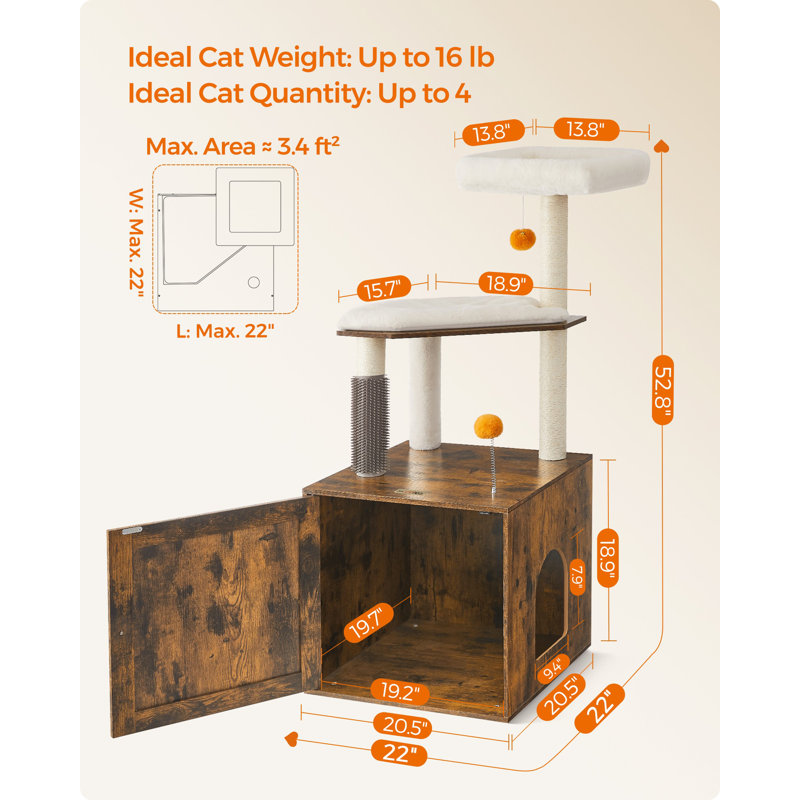 Habitation pour chat 52,8 pouces avec auto-toiletteuse, Brun rustique