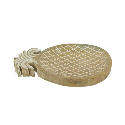 Plateau de service Font ananas en bois brun naturel sculpté à la main avec accents peints en blanc - 11,75 po x 7,75 po x 1,5 po
