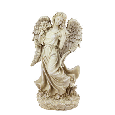 Statue de jardin 17,5 po Ange ivoire avec oiseau et bouquet