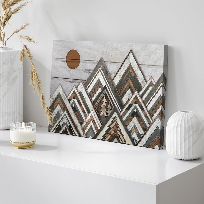 «Western Wood Effect Landscape Sun Mountain Range Nature Abstract Farmhouse Wall Decor Room», reproduction d'art sur toile