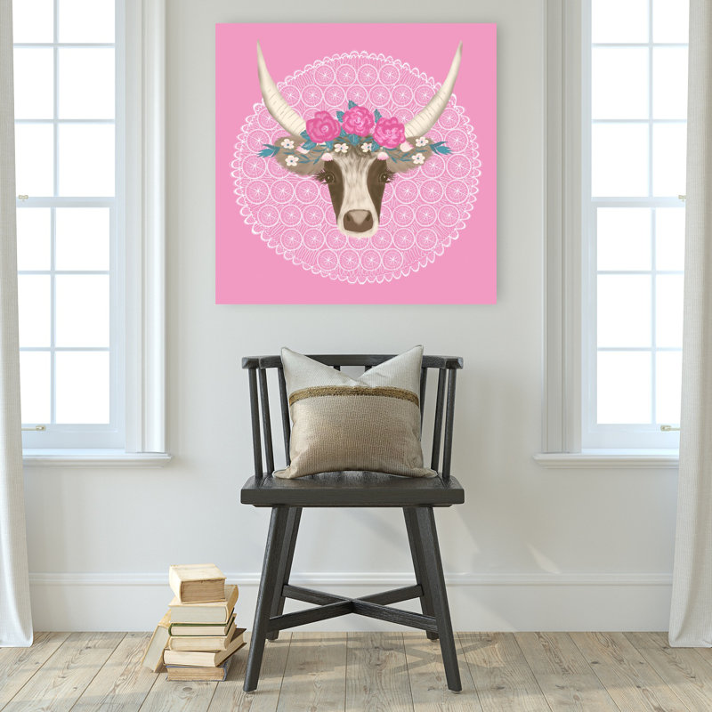 Floral Crown Longhorn Rustic Whimsical Abstract Cow Rose Flower Portrait Wall Art Print 1 Piece Wrapped Canvas Wall Art