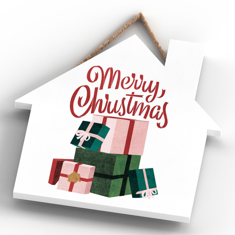 Xmas Merry Christmas Wooden House Plaque, 9.9cm H x 9.9cm W x 0.5cm D