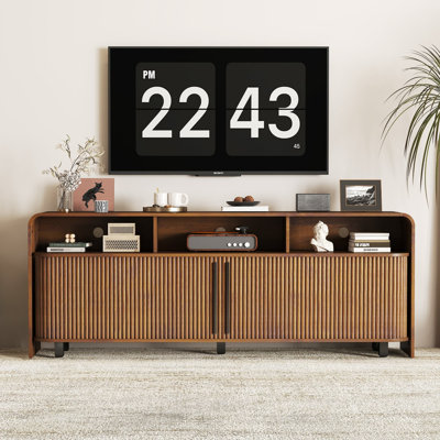 70 Inch Long Fluted Tv Stand For 75 65 80 Inch Tv,  Mid Century Modern Entertainment Center With Storage,  Adjustable Shelves, Sliding Doors