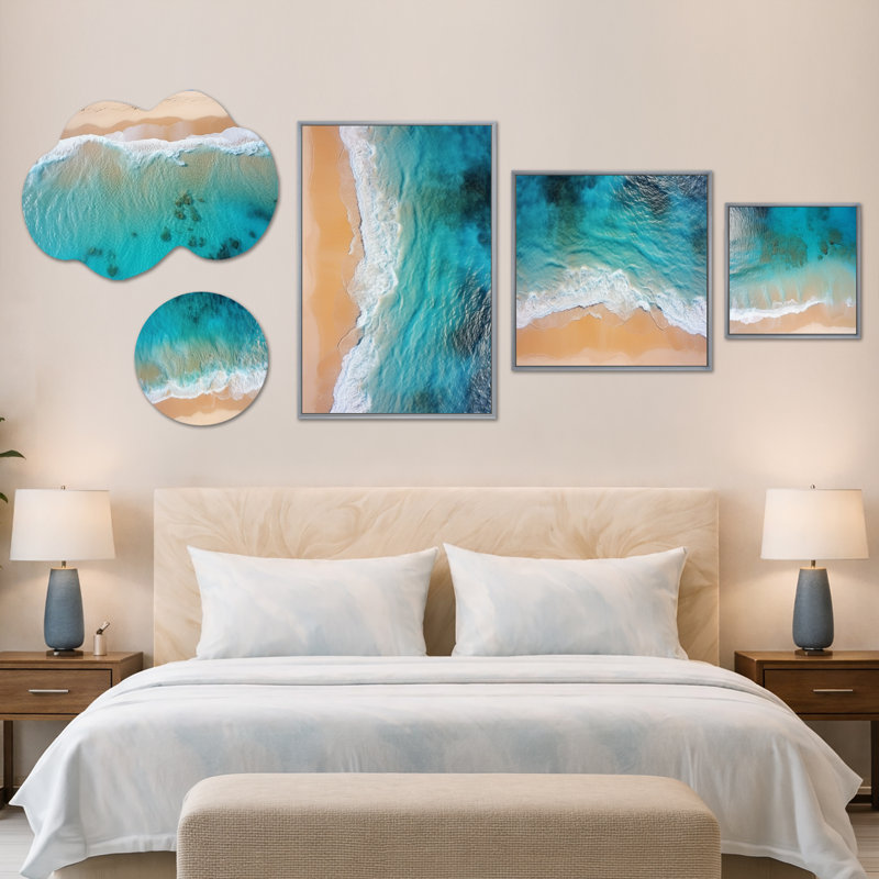 «Blue Tranquility Beach Aériel View III», art mural sur toile surdimensionné 5 pièces (100 po x 40 po), Metal + Silver Frame