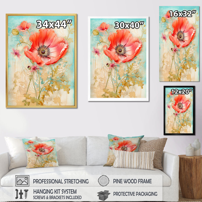 Printemps, floraison du coquelicot rouge - impression, Cadre simple gris, H 40 po x l 30 po x P 1,5 po
