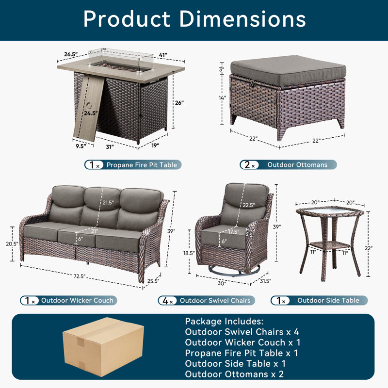 10 Pieces Patio Furniture Set, Outdoor Wicker Sofa Couch With Swivel Chairs 41" Fire Pit Table, All Weather High Back Modern Conversation Sets, Rattan