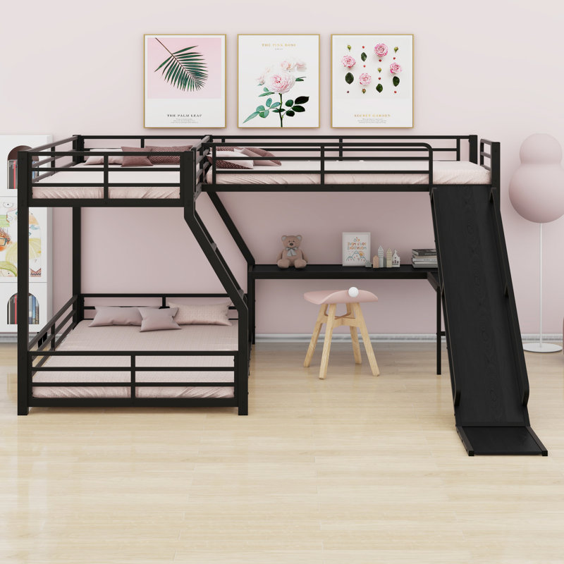L-Shaped Bunk Bed With Loft Bed, Slide And USB Ports, Twin XL Over Queen Over Twin