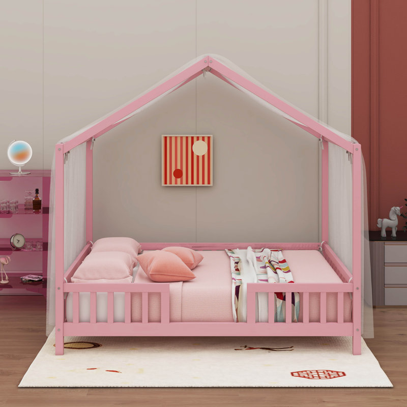 Lit sur pied pour enfant avec auvent Montessori, Lit double, Rose