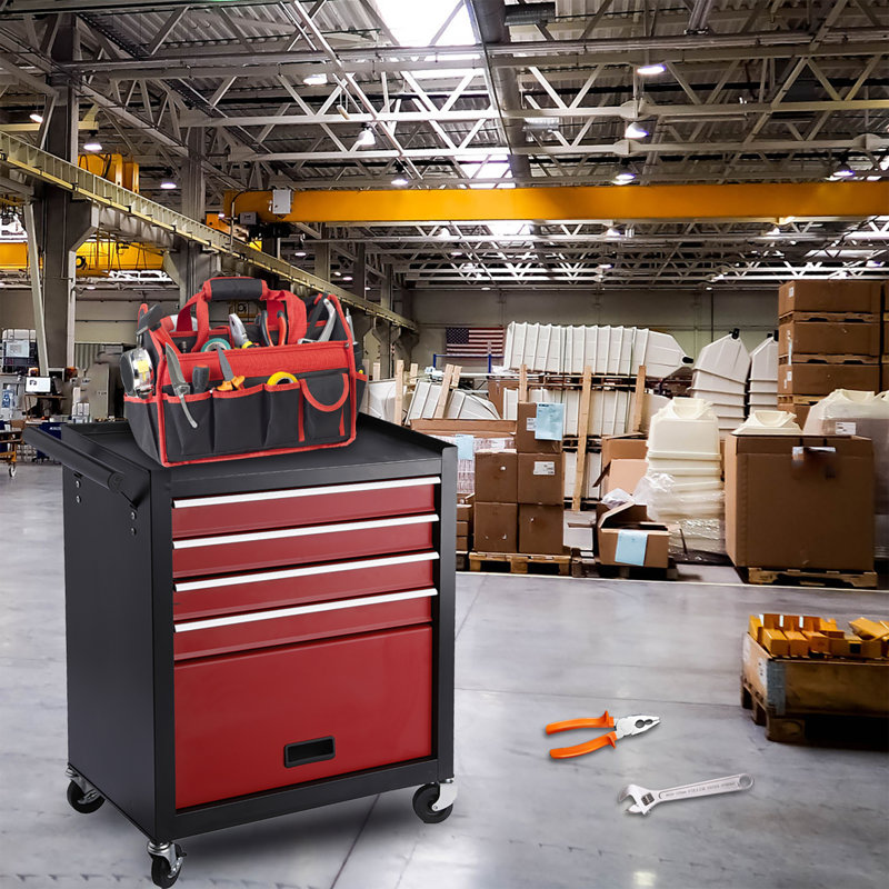 Armoire à outils 4 tiroirs avec roulettes et rangement verrouillable et grande capacité rouge