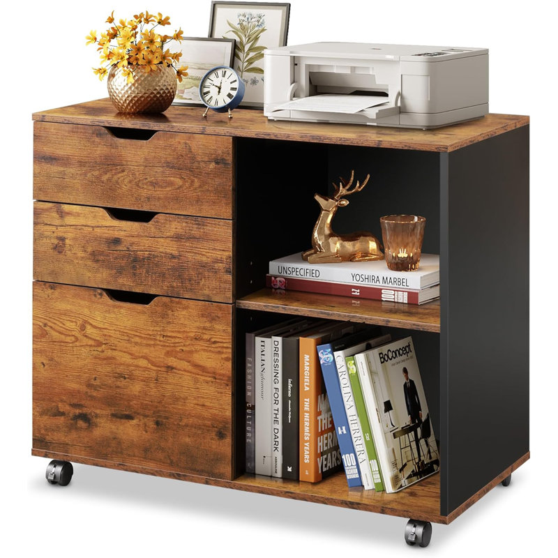 3-Drawer Wood File Cabinet, Mobile Lateral Filing Cabinet, Printer Stand With Open Storage Shelves For Home Office