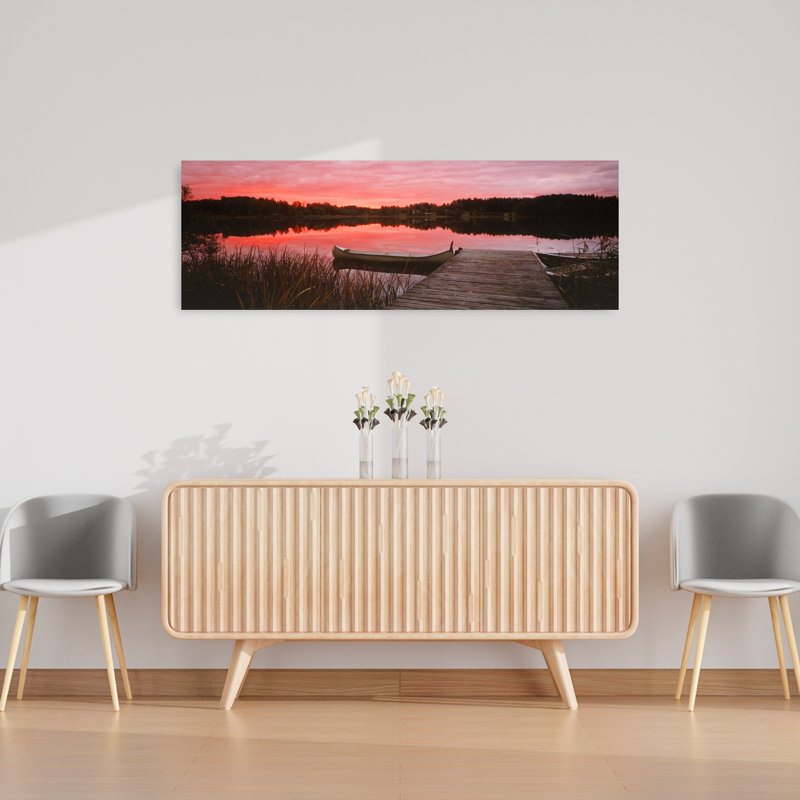 Canoe tied to dock on a small lake at sunset Sweden 1 Piece Wrapped Canvas Panoramic Wall Art, 40.64 cm H x 121.92 cm W