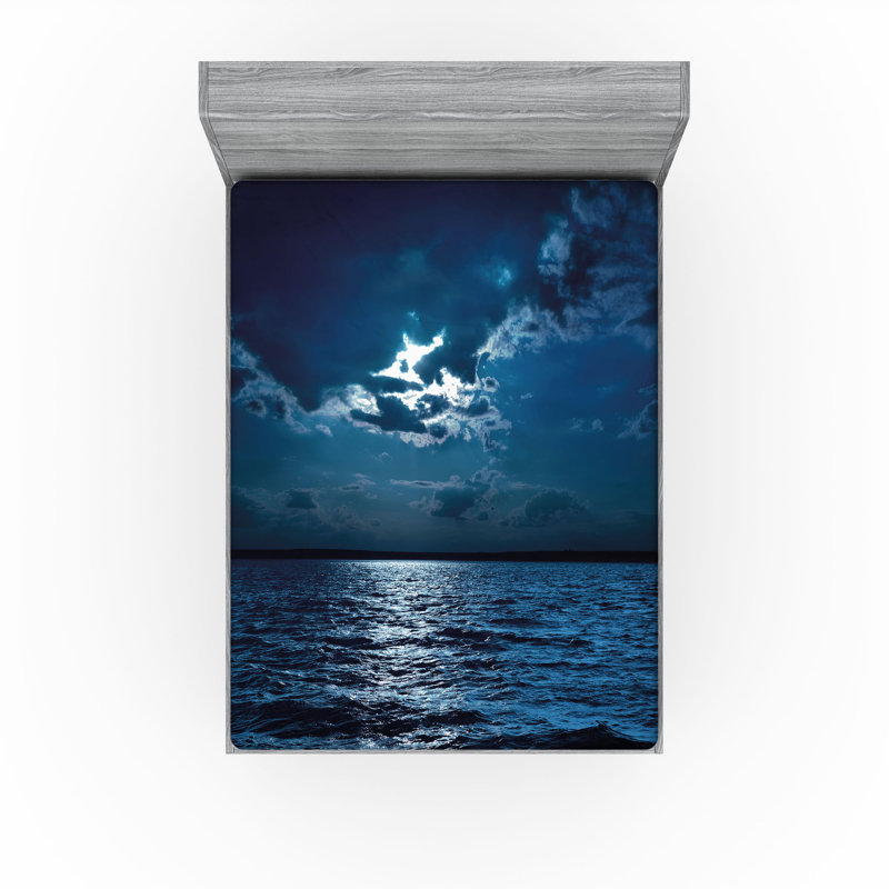 Ensemble de 2 draps-housse Ambesonne Night Dramatic Sky Moon Ocean bleu foncé blanc, Drap-housse de taille double