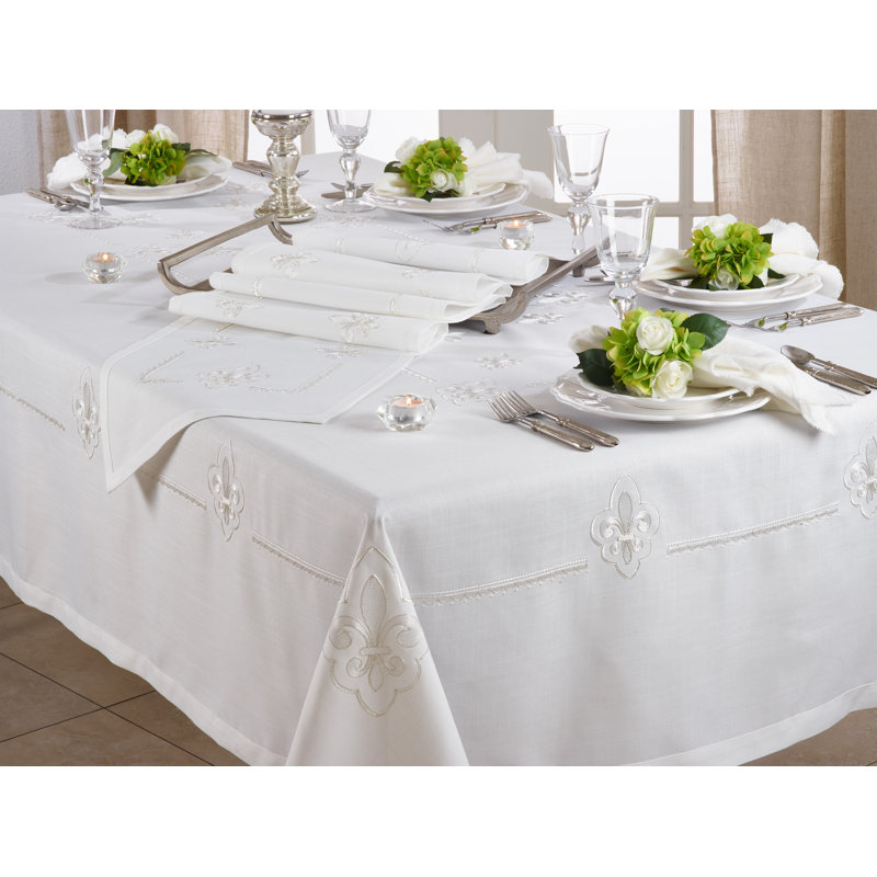 Nappe brodée avec motif fleur de lys, Ivoire, L 180 po x l 69 po