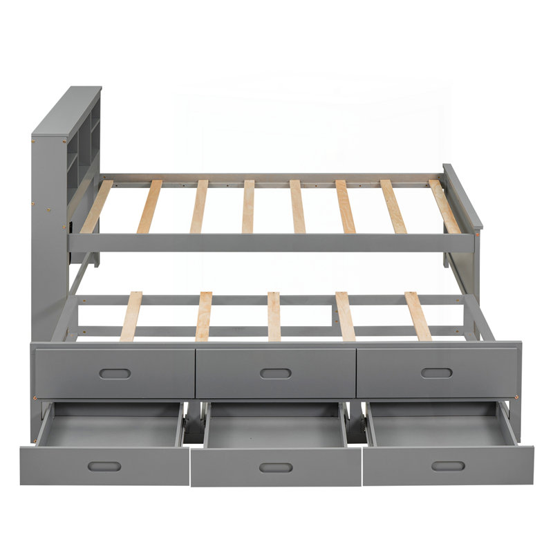 Lit plateforme avec tête de lit avec rangement, gris, Lit simple