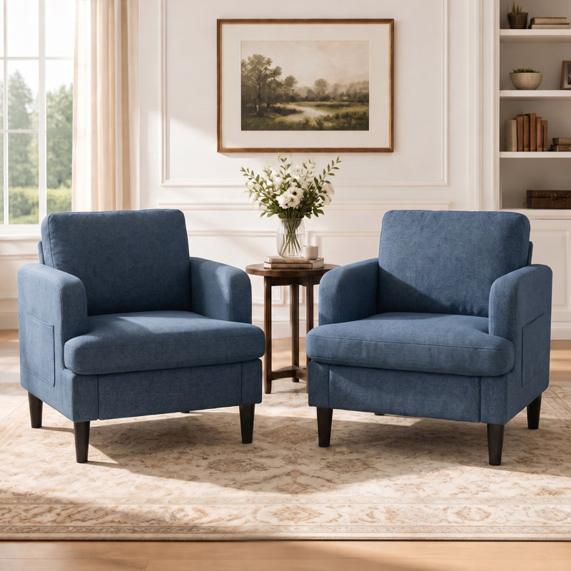 Fauteuil d'appoint rembourré moderne avec accoudoirs larges, poche de rangement latérale et dossier ergonomique, Blue