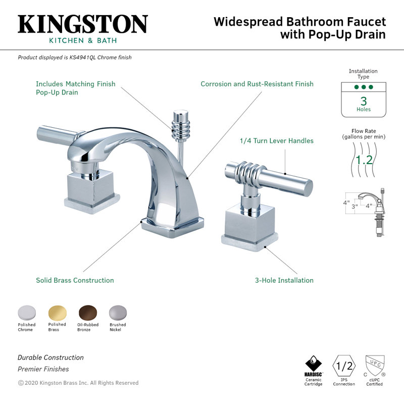 Robinet de salle de bain espacé Kingston, Laiton poli