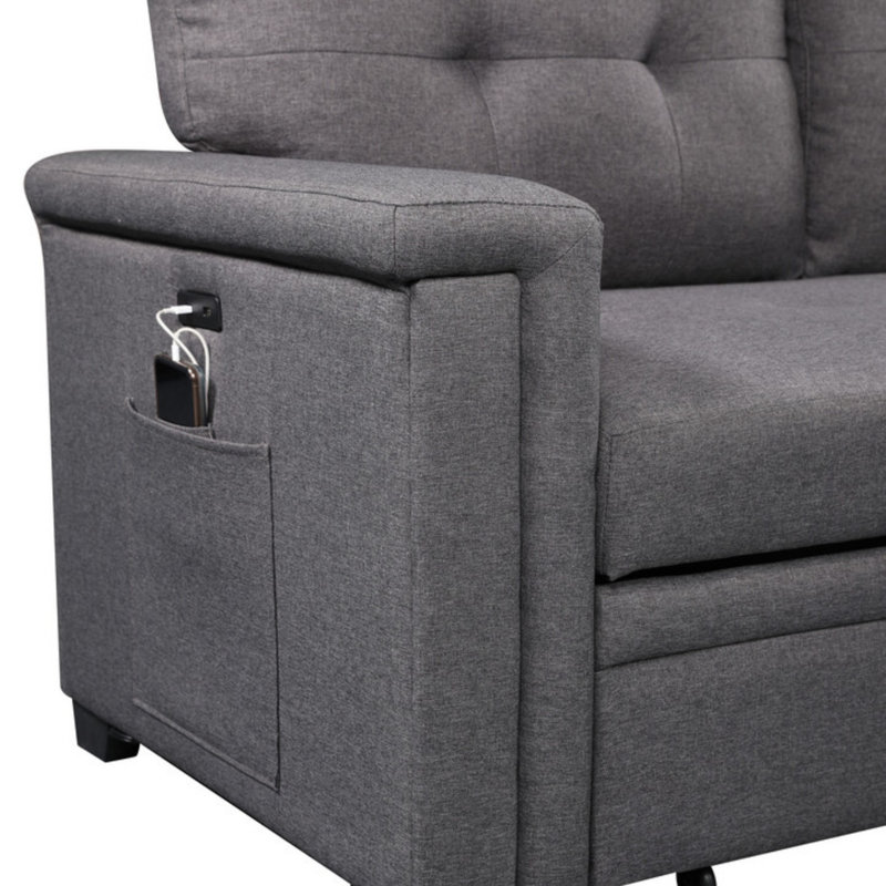 Canapé-lit modulaire réversible avec méridienne de rangement, ports de chargement USB et poche, Lin gris foncé