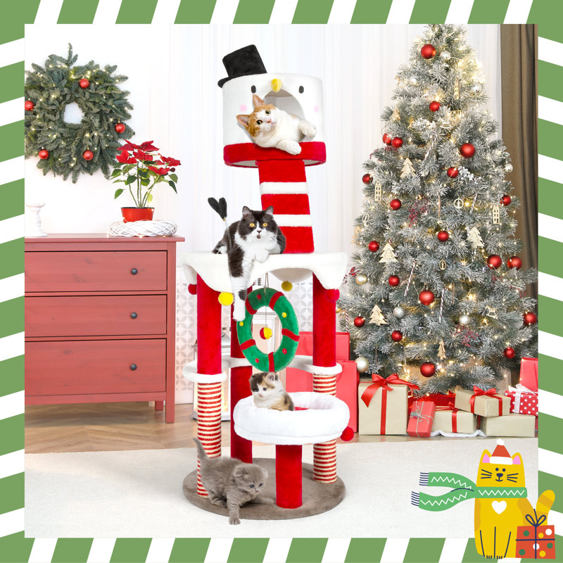 64.2'' H Christmas Multi-Level Cat Tree with Scratching Post and Toy Balls, Christmas Snowman Cat Condo