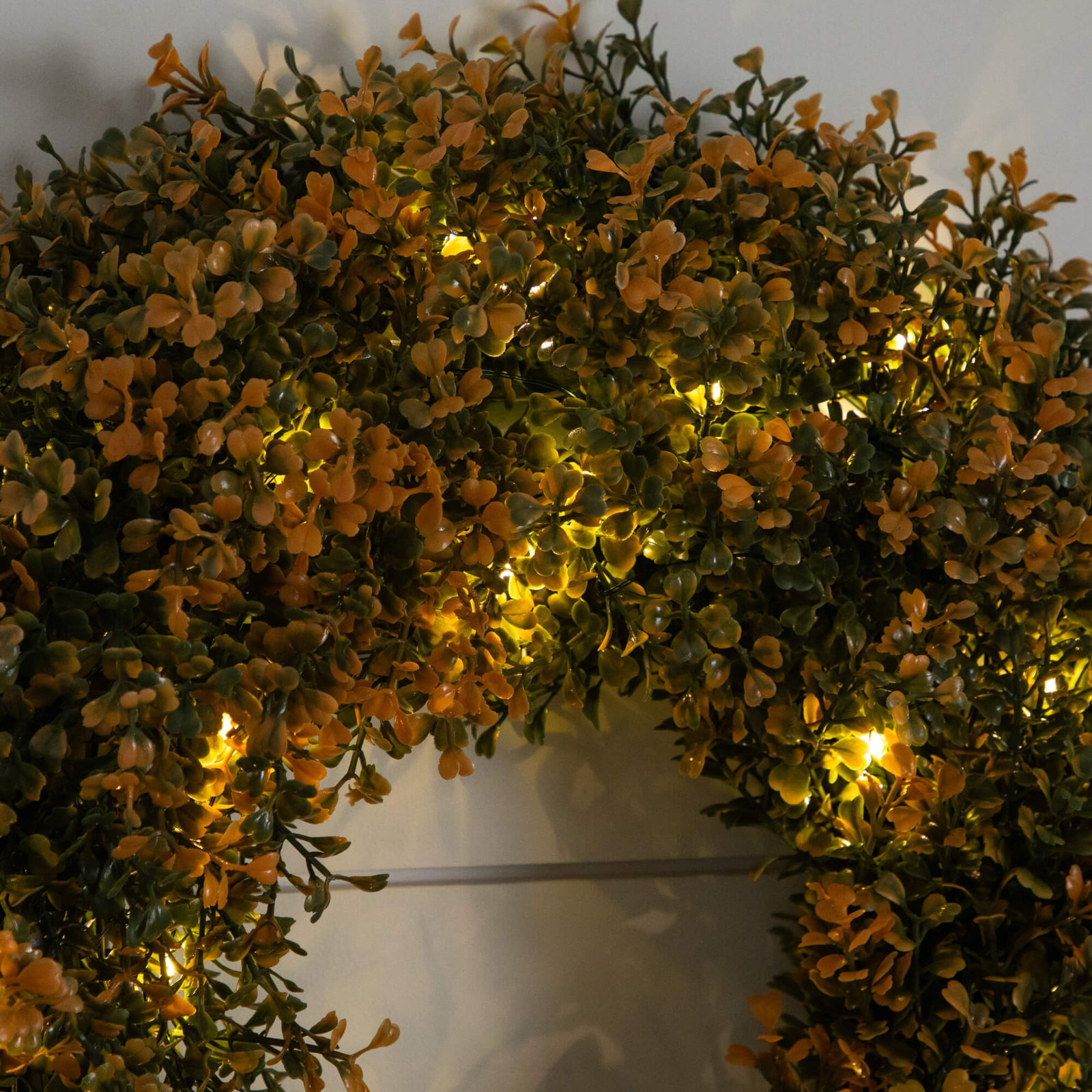 18In. Pre-Lit Autumn Boxwood Artificial Fall Wreath With 25 Warm White LED Lights, Orange;Green