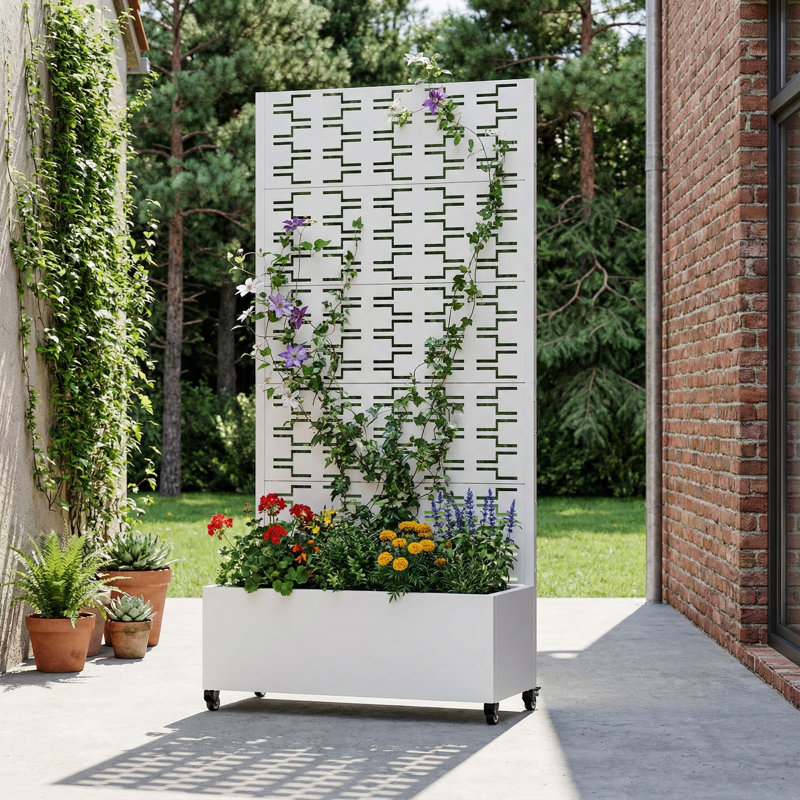 Boîte à fleurs en métal galvanisé avec treillis Forson, H 72 po x l 35 po x P 16 po, Blanc