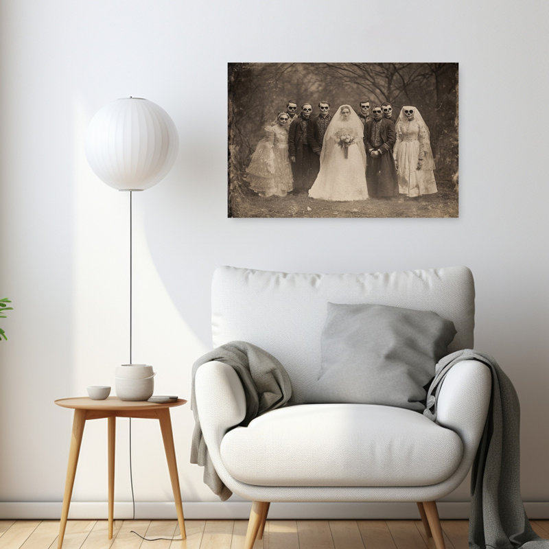 Tableau abstrait gothique vintage représentant un squelette dans une forêt, avec une fête de mariage., 24" H x 36" W