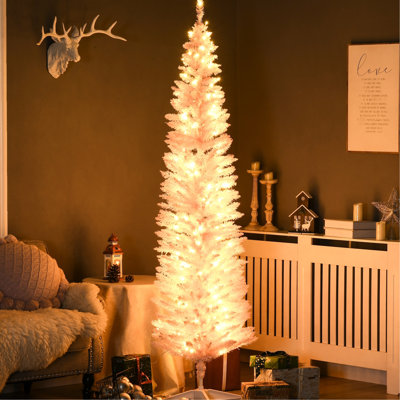 Grand sapin de Noël rose de 7 pi avec branches ignifuges, 200 lumières DEL blanc chaud et base à basse consommation artificielle à installation rapide, 499 pointes