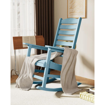 Outdoor Rocking Chair All Weather HIPS Patio Rocker with Curved Backrest Plastic Outdoor Rocker for Porch, Lawn, Backyard, Garden, Blue