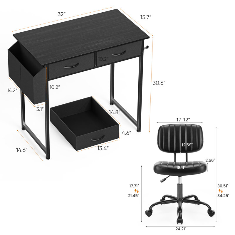 Home Office Furniture Set, 32" Computer Desk And Adjustable PU Leather Task Chair Set, Black/Black