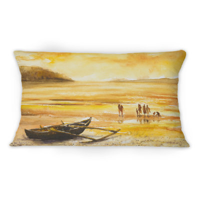 Groupe de personnes sur une plage au coucher du soleil - Coussin décoratif imprimé nautique et côtier